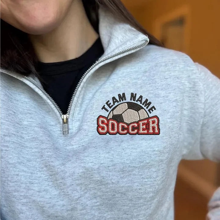 Custom Embroidered Soccer Design Team Name Quarter Zip Sweater Split Soccer Pullover | Gifts for Sports Mom