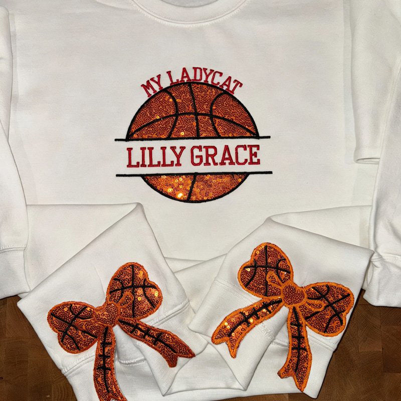 Personalized Custom Sequin Embroidered Basketball Sweatshirt with Side Bows | Gifts for Sports Mom