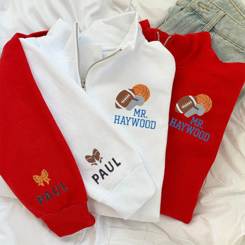 Custom Embroidered Name with Sports Icons Quarter Zip Sweater Football Basketball Coach Pullover | Gifts for Sports Mom