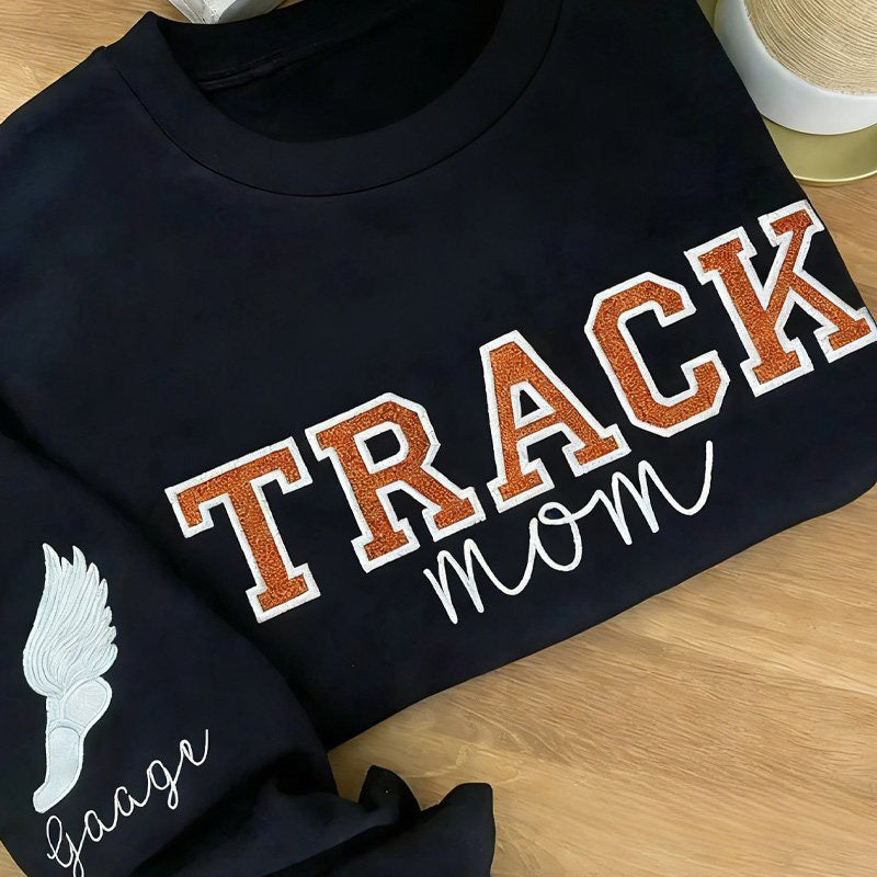 Personalized Sport Crew Embroidery Track Mom Sweatshirt With Cute Sleeve Icon | Gifts for Sports Mom