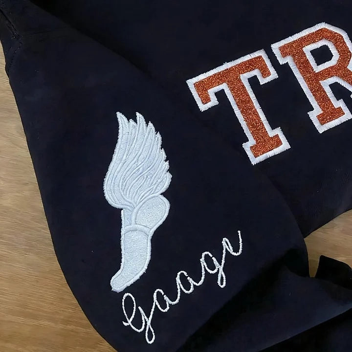 Personalized Sport Crew Embroidery Track Mom Sweatshirt With Cute Sleeve Icon | Gifts for Sports Mom