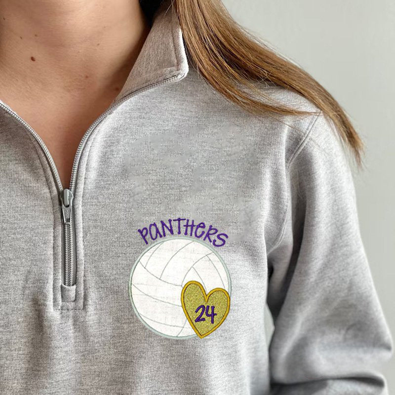 Personalized Heart Glitter Applique Volleyball Custom Text Embroidery Quarter Zip Sweater | Gifts for Sports Mom