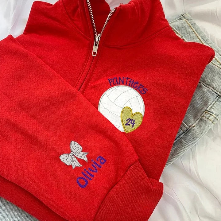 Personalized Heart Glitter Applique Volleyball Custom Text Embroidery Quarter Zip Sweater | Gifts for Sports Mom
