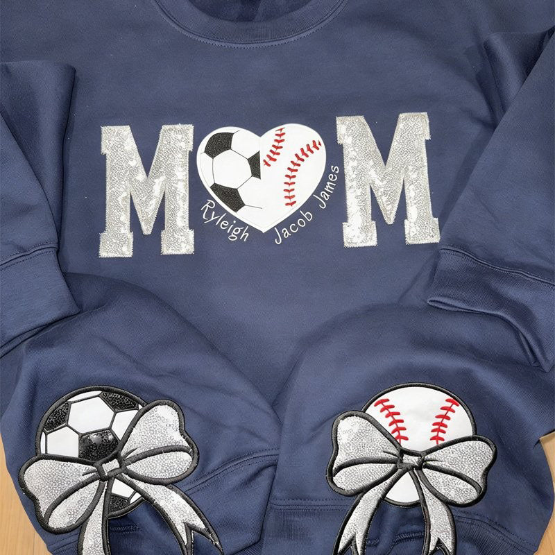 Embroidered Two Ball Heart Applique Game Day Sweatshirt with Two Sequin Sports Bows | Gifts for Sports Mom