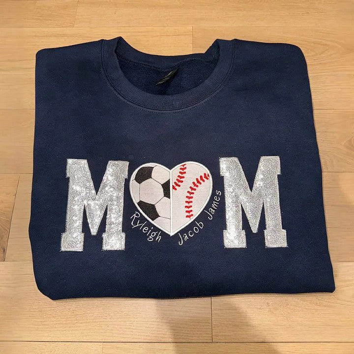 Embroidered Two Ball Heart Applique Game Day Sweatshirt with Two Sequin Sports Bows | Gifts for Sports Mom