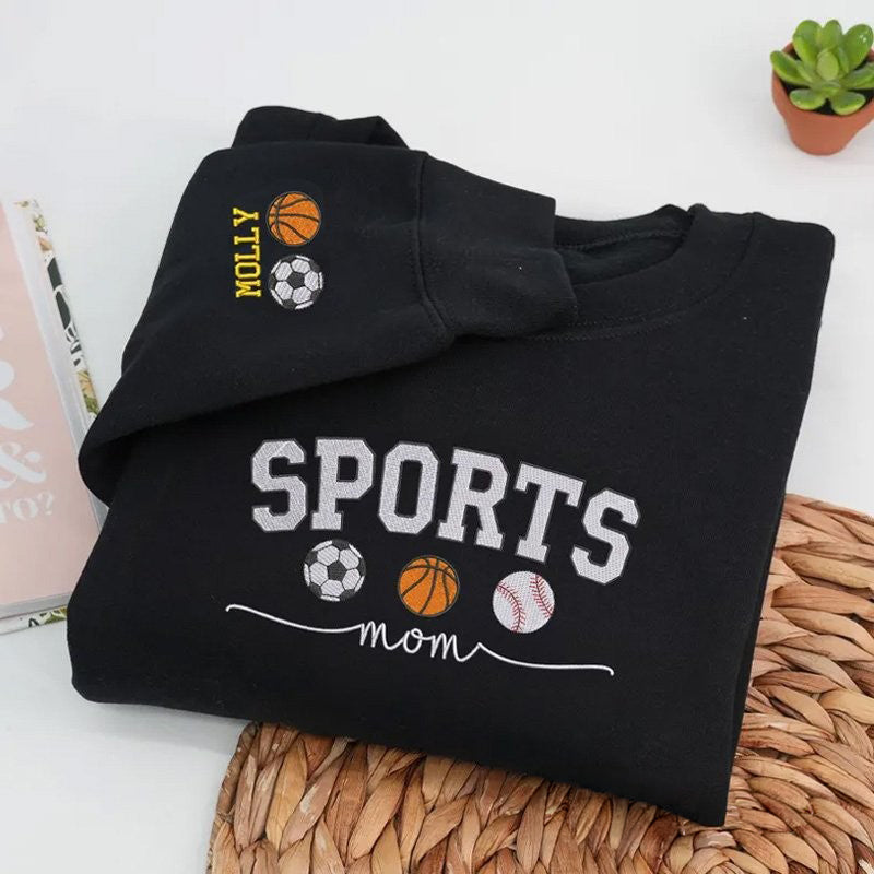 Personalized Sports Glitter Mom Sweatshirt with Embroidery Sport Icon Applique | Gifts for Sports Mom