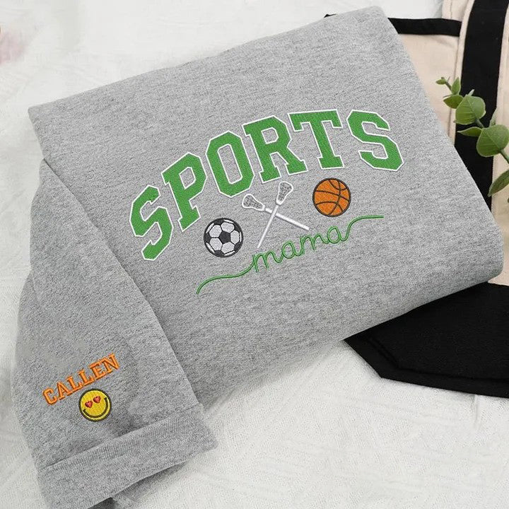 Personalized Sports Glitter Mom Sweatshirt with Embroidery Sport Icon Applique | Gifts for Sports Mom