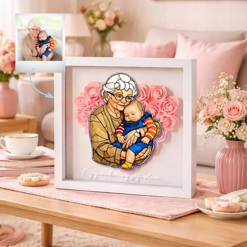 Memories Bloom Here – Personalised Flower Shadow Box with Family Portrait for Mom & Grandma