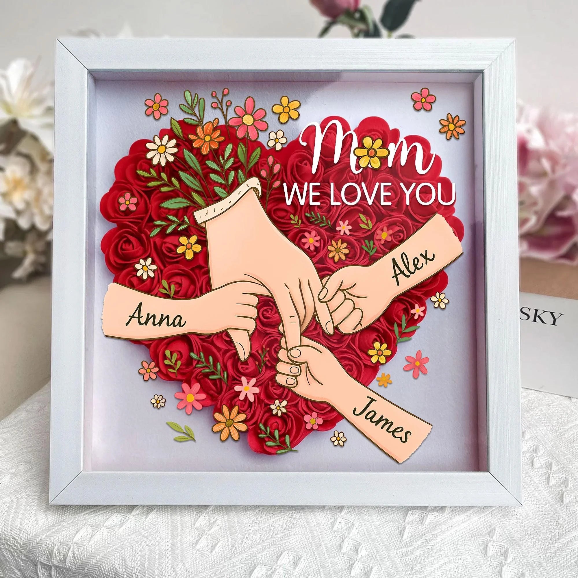 Personalized Shadow Box for Mom & Grandma Flower Shadow Box with Kids' Names