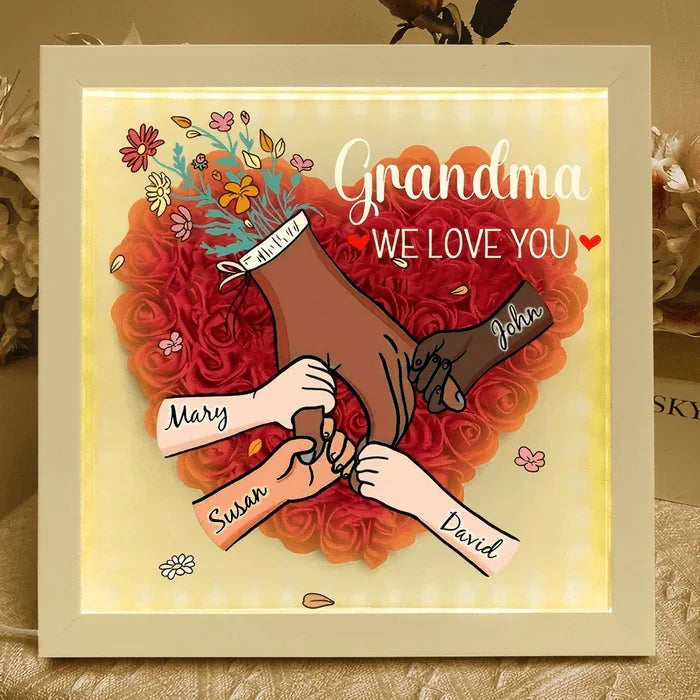 (Multiracial Family – Customizable Skin Tones) - Personalized Family Hand-Holding Flower Shadow Box with LED Light With LED or Without LED