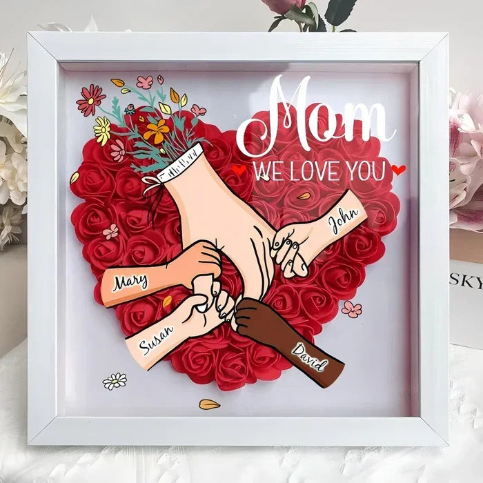 (Multiracial Family – Customizable Skin Tones) - Personalized Family Hand-Holding Flower Shadow Box with LED Light With LED or Without LED