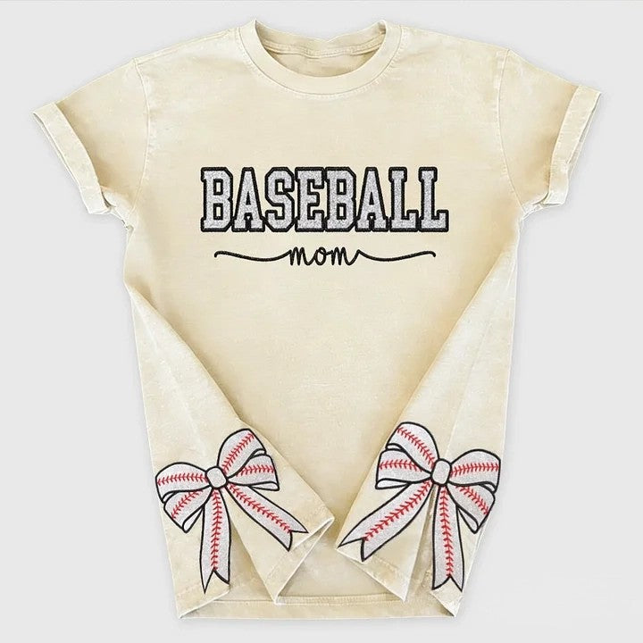 Baseball Mom Dad Glitter Embroidered Washed T-shirt with Side Bow | Gifts for Sports Mom