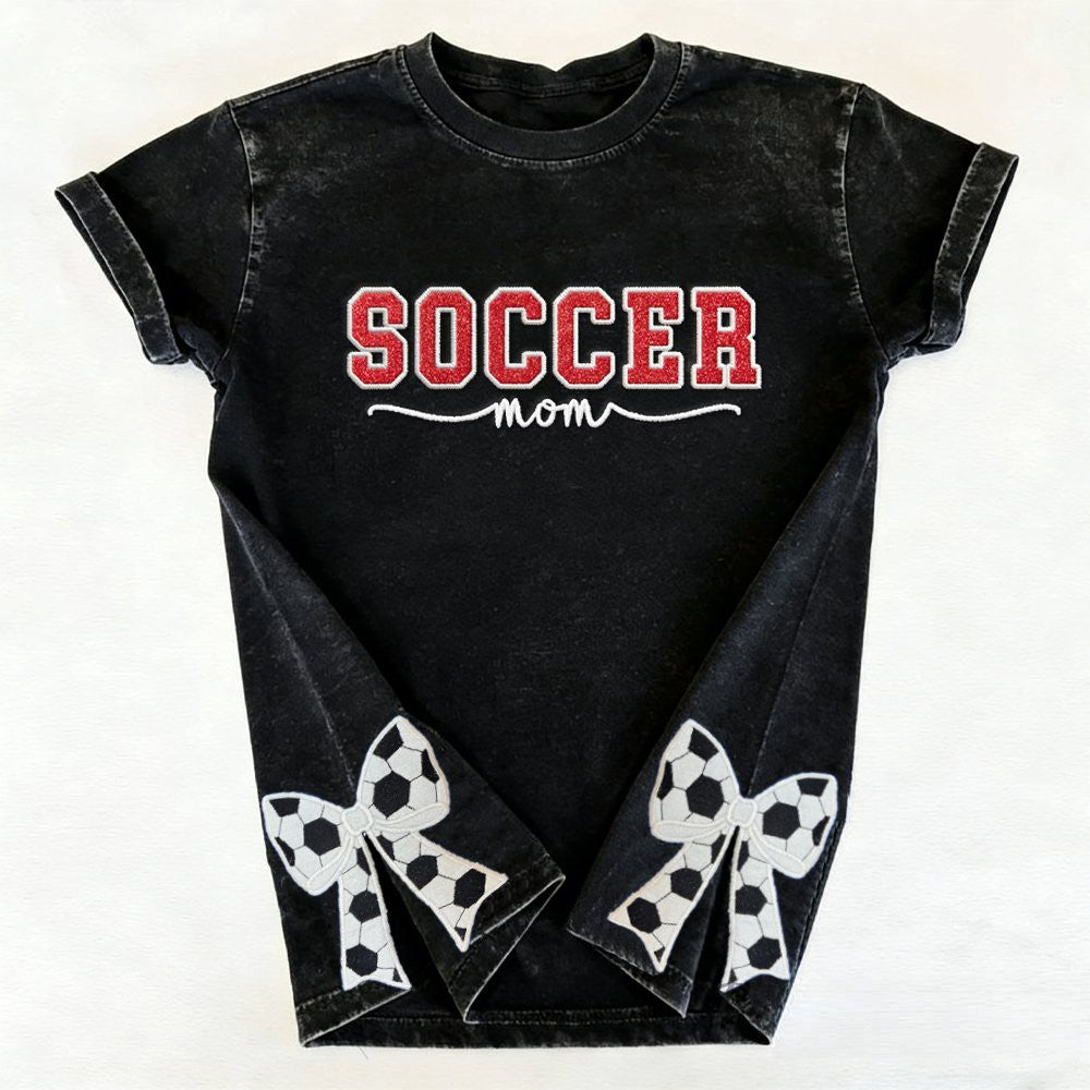 Soccer Mom Side Bow Glitter Embroidery Washed T-Shirt Soccer Mom Apparel | Gifts for Sports Mom