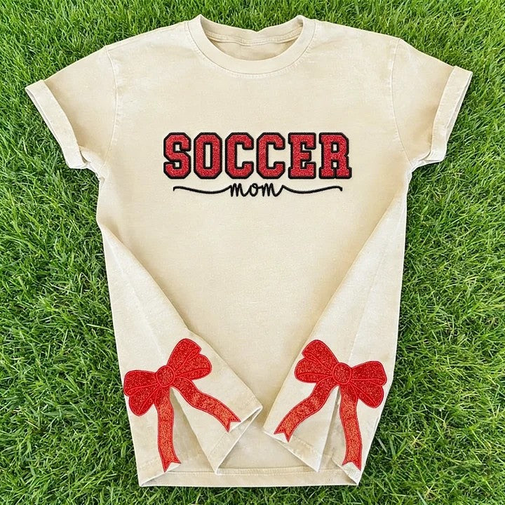 Soccer Mom Side Bow Glitter Embroidery Washed T-Shirt Soccer Mom Apparel | Gifts for Sports Mom