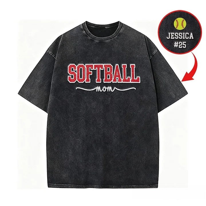 Softball Mom Dad Washed T-Shirt with Glitter Embroidered Side Bow Vintage Softball T-shirt | Gifts for Sports Mom