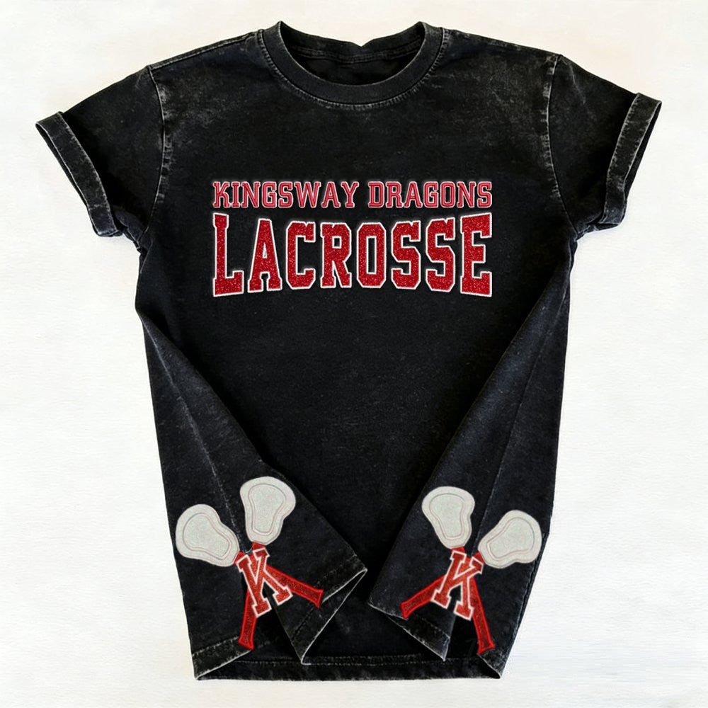 Custom Glitter Embroidered Lacrosse Washed T-shirt with School Name Team Spirit Shirt
