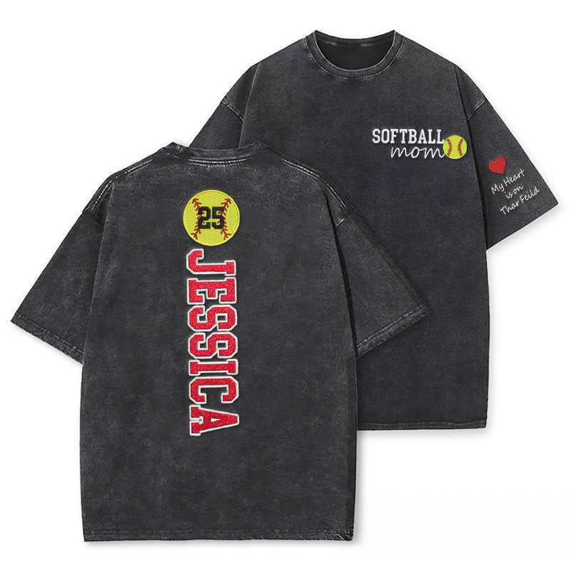 Softball Mom Washed T-Shirt Glitter Embroidery Name or Team Name Shirt
