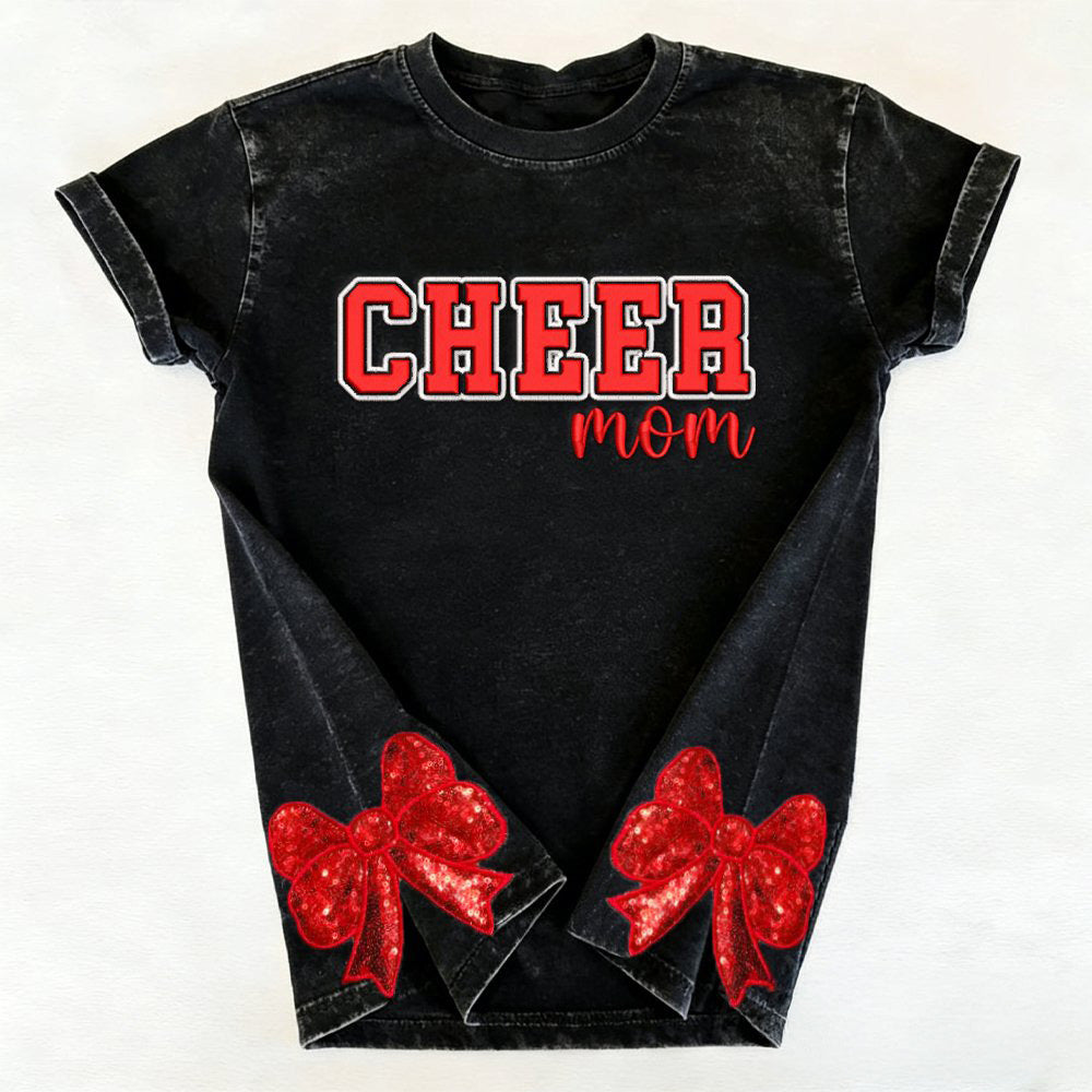 Embroidered Cheer Mom Washed T-Shirt with Sequin Side Bows | Gifts for Sports Mom
