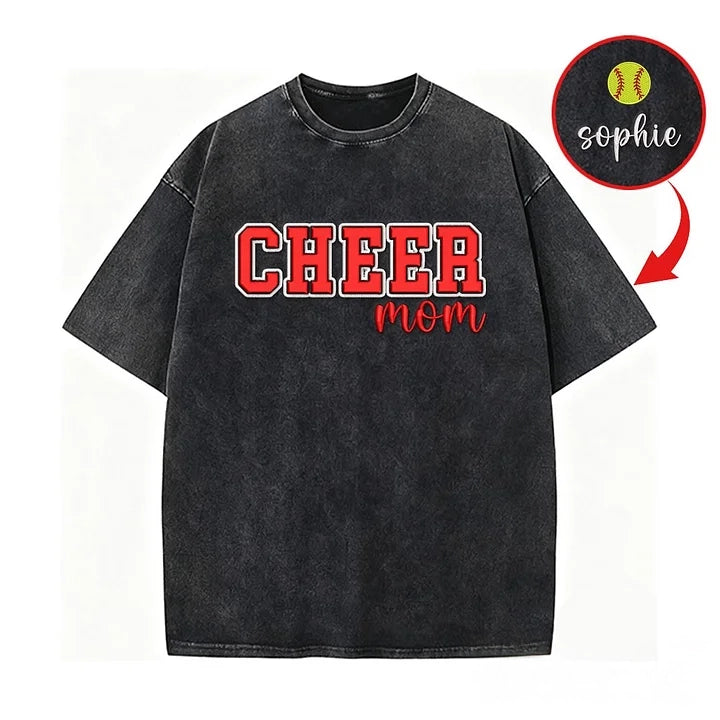Embroidered Cheer Mom Washed T-Shirt with Sequin Side Bows | Gifts for Sports Mom