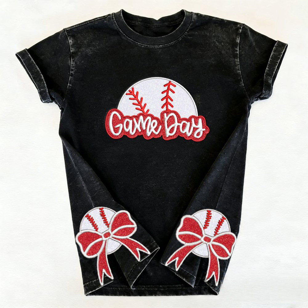 Embroidery Baseball Game Day Washed Shirt with Glitter Baseball Side Bows | Gifts for Sports Mom