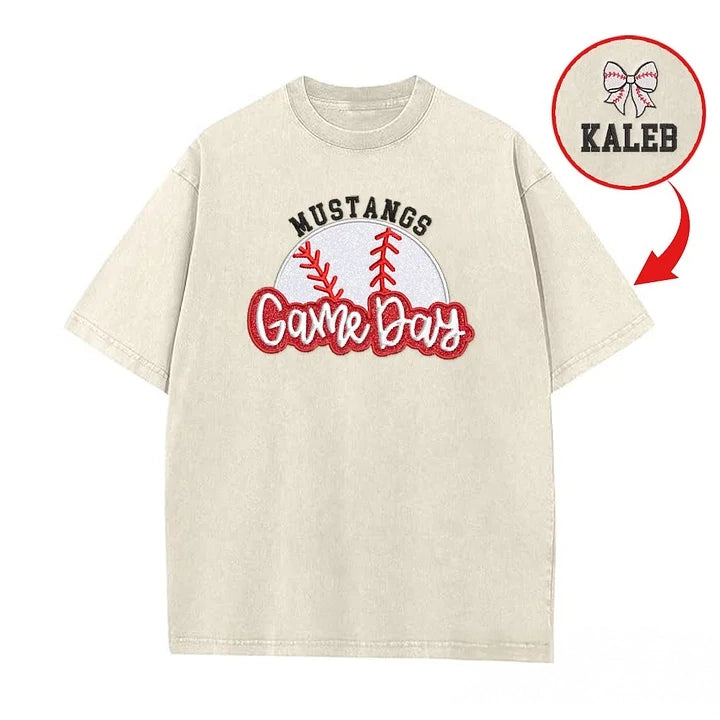 Embroidery Baseball Game Day Washed Shirt with Glitter Baseball Side Bows | Gifts for Sports Mom