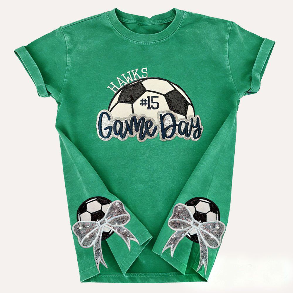 Soccer Game Day Washed T-Shirt Sequin Soccer Side Bow | Gifts for Sports Mom