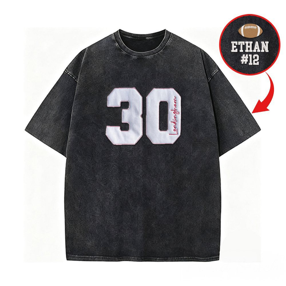 Personalized Sports Number Embroidered Washed T-Shirt for Team or Player | Gifts for Sports Mom