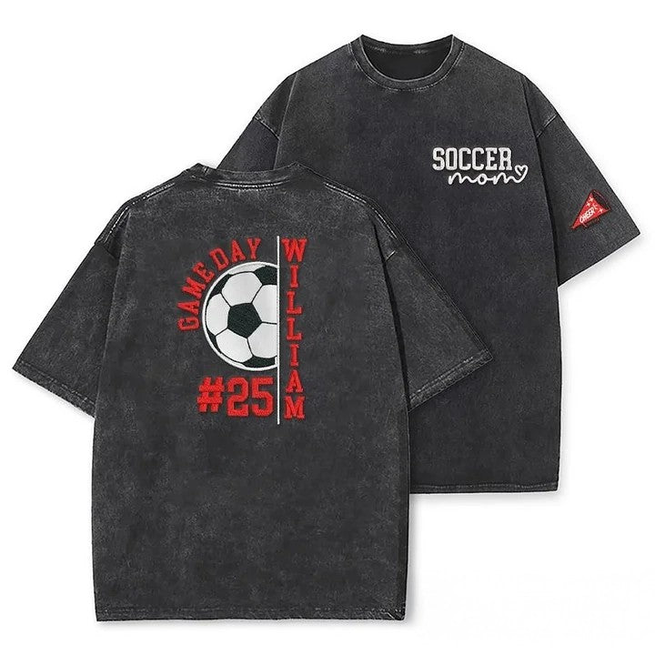 Embroidery Soccer Season Soccer Mom with Kids Name and Number Washed T-shirt | Gifts for Sports Mom