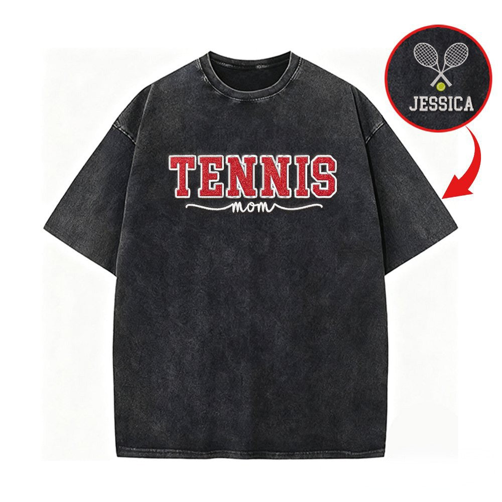 Embroidered Tennis Mom Dad Washed T-Shirt with Glitter Side Bow Vintage T-shirt | Gifts for Sports Mom