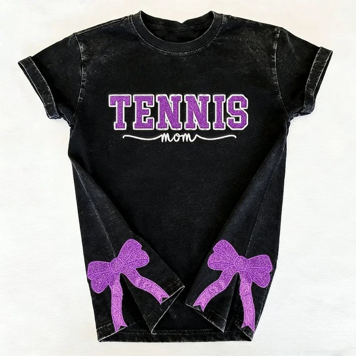 Embroidered Tennis Mom Dad Washed T-Shirt with Glitter Side Bow Vintage T-shirt | Gifts for Sports Mom