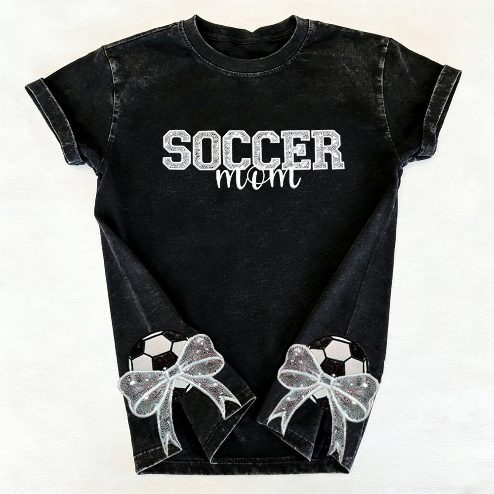 Sequined Soccer Mom Washed T-Shirt with Sequin Soccer Side Bow | Gifts for Sports Mom