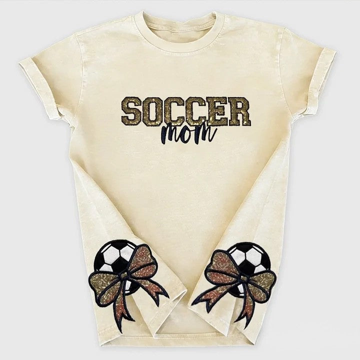 Sequined Soccer Mom Washed T-Shirt with Sequin Soccer Side Bow | Gifts for Sports Mom
