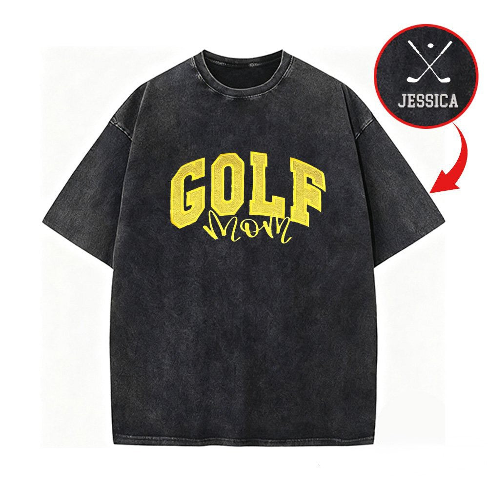Personalized Custom Glitter Embroidered Golf Mom Washed T-shirt