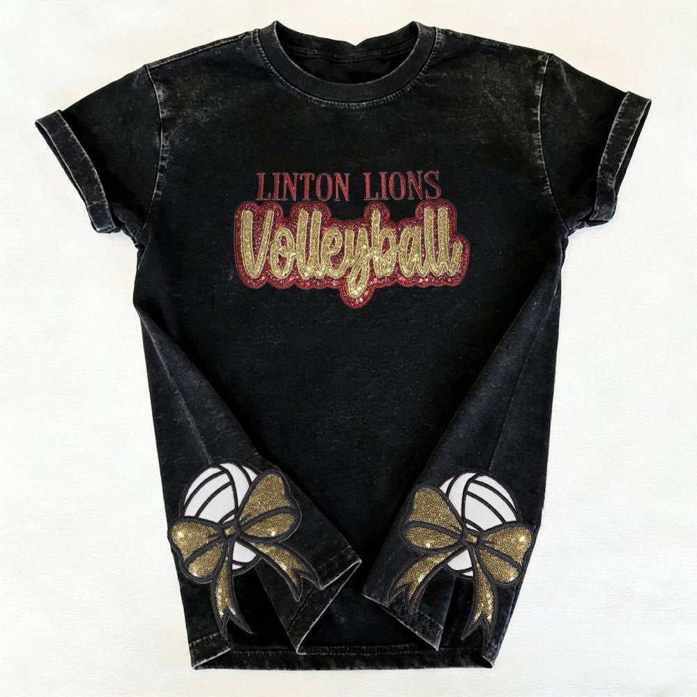 Custom Sequin Volleyball Game Day Distressed T-shirt with Side Bow Detail