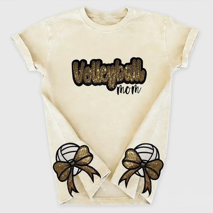Custom Sequin Volleyball Game Day Distressed T-shirt with Side Bow Detail