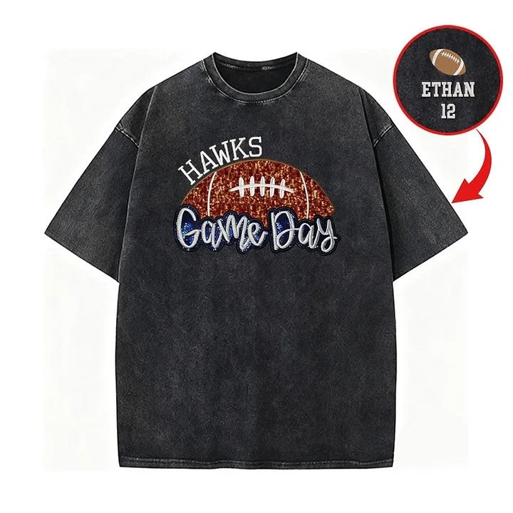 Sequin Embroidered Football Proud Sport Washed T-Shirt with Side Bow | Gifts for Sports Mom