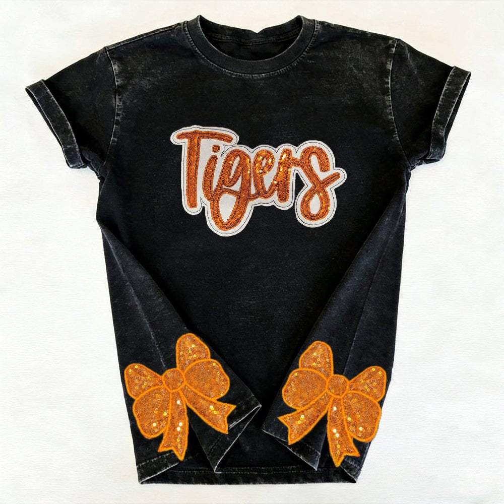 Embroidery Custom Team Name Sequin Applique Coquette Side Bow Washed Shirt