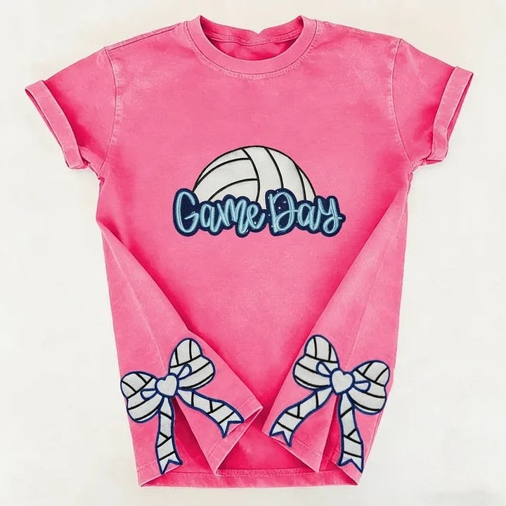 Volleyball Game Day Washed T-shirt with Side Bows | Gifts for Sports Mom