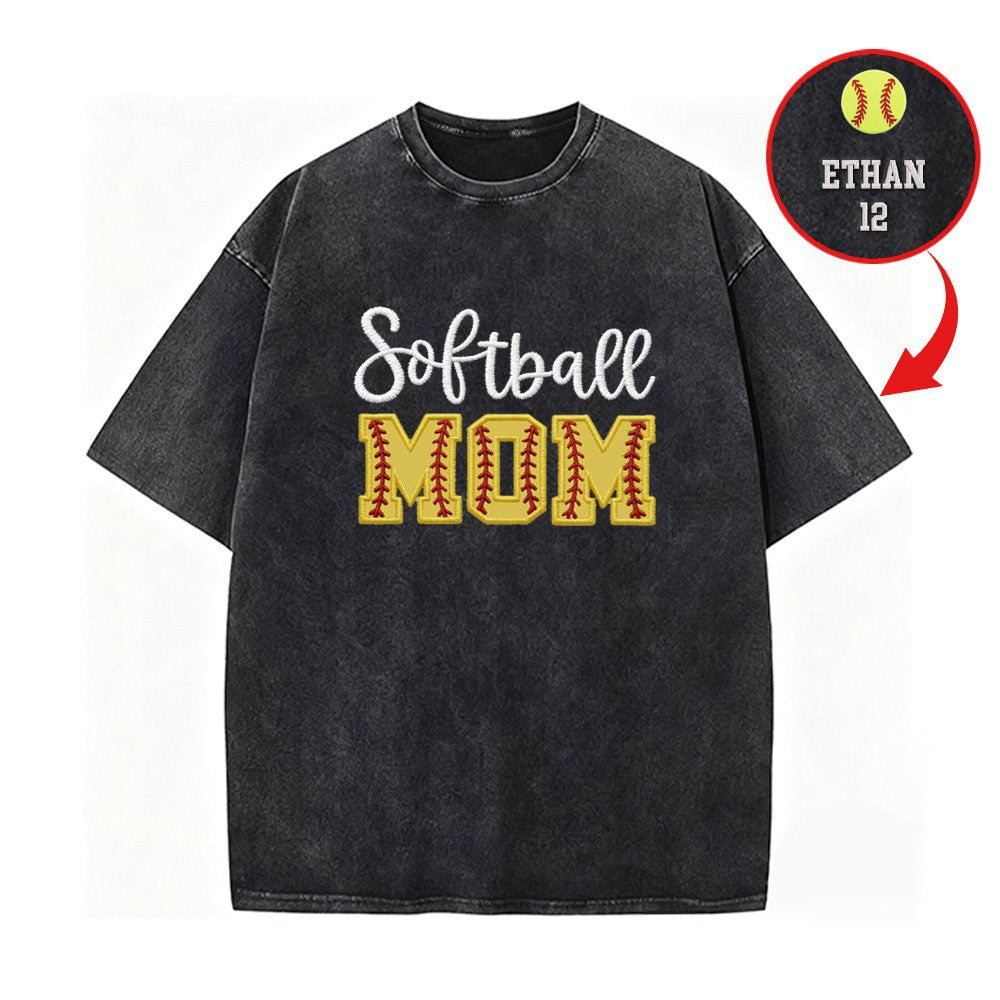 Personalized Custom Glitter Embroidered Softball Mom Washed T-shirt with Side Bow | Gifts for Sports Mom