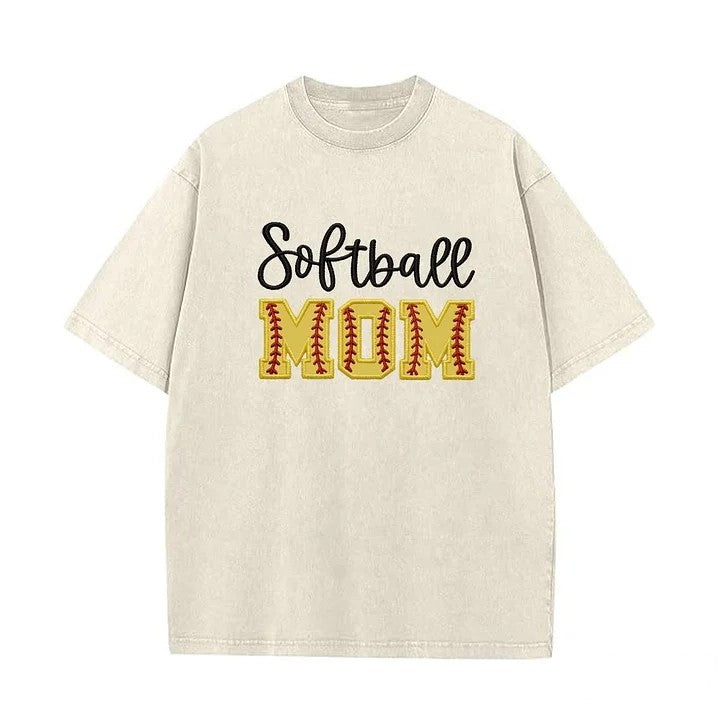 Personalized Custom Glitter Embroidered Softball Mom Washed T-shirt with Side Bow | Gifts for Sports Mom