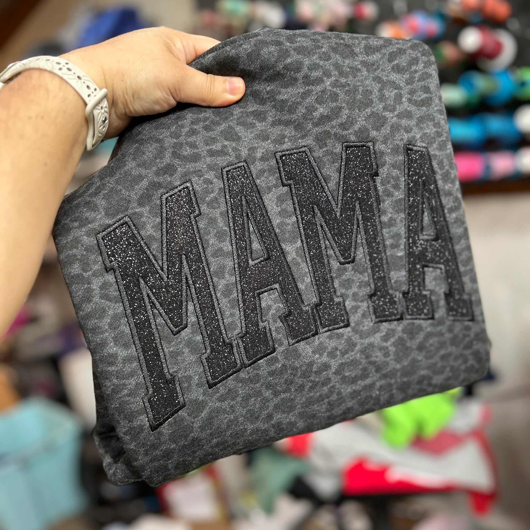 Custom Embroidered Black Leopard Mama Shirt Black Glitter Monochromatic Tee Mothers Day Gift for Mom