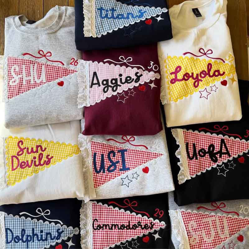 Custom Pennant Sweatshirt Gingham Lace Applique Crewneck Game Day Team Spirit T-shirt