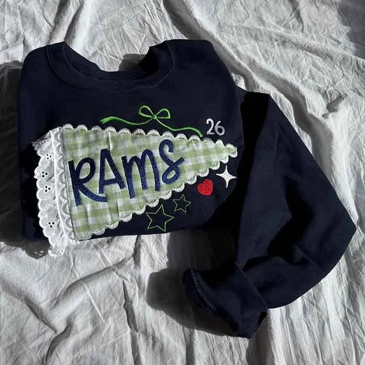 Custom Pennant Sweatshirt Gingham Lace Applique Crewneck Game Day Team Spirit T-shirt