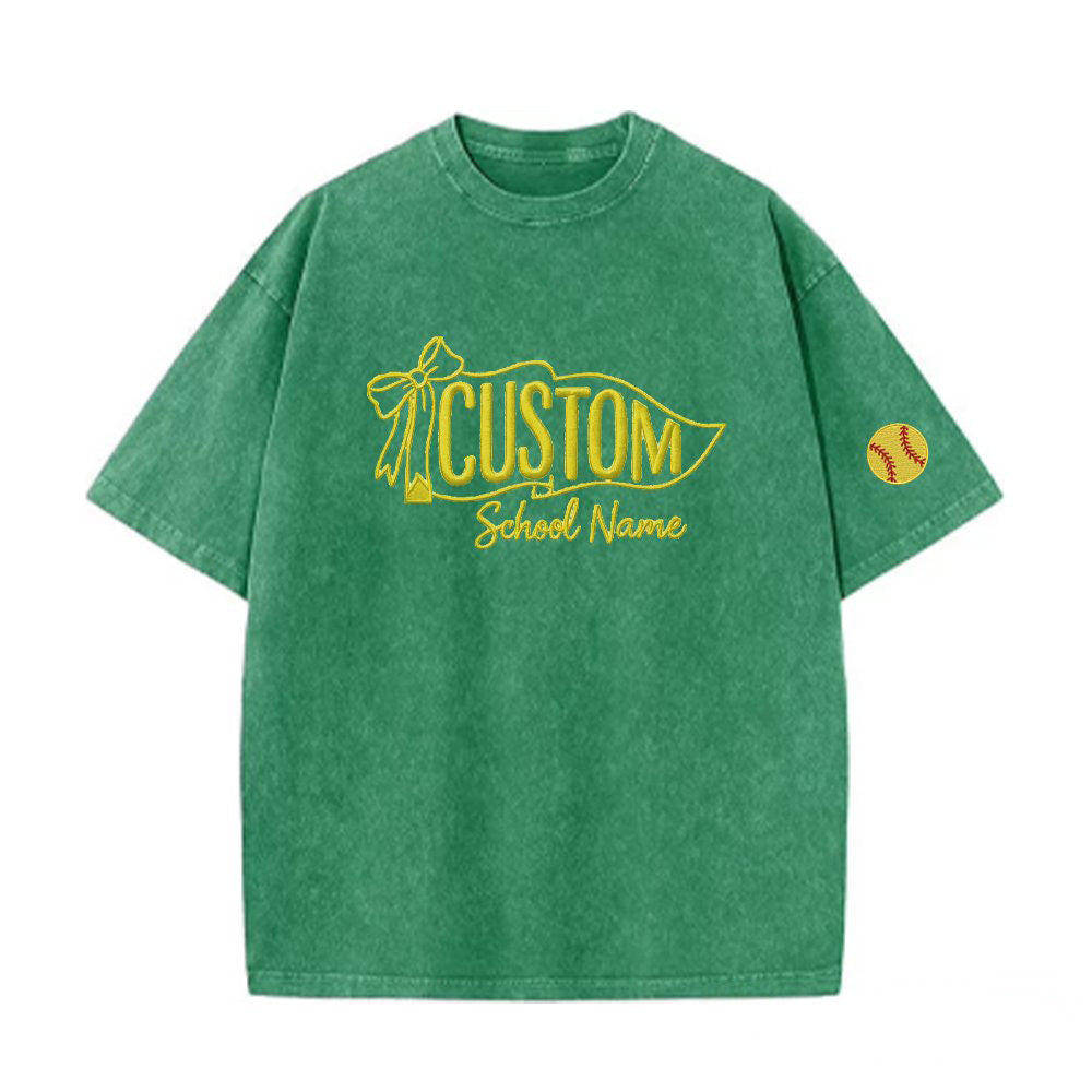 Custom Vintage Embroidered School Spirit Washed T-shirt with Embroidered Icon on Sleeves