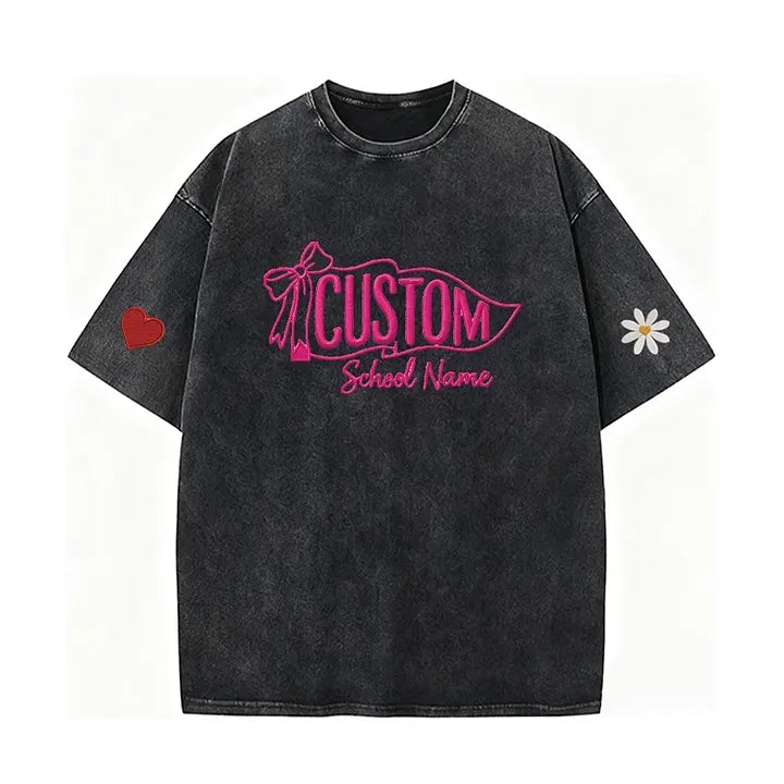 Custom Vintage Embroidered School Spirit Washed T-shirt with Embroidered Icon on Sleeves