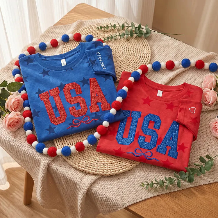 USA Mama Bow Glitter Star Applique T-shirt Patriotic Gift for Mom Unisex Tee