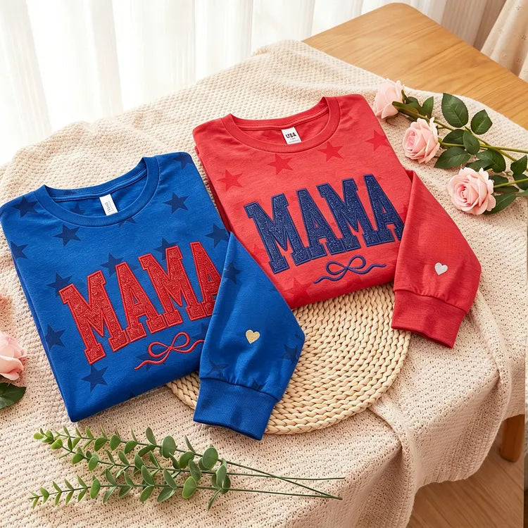 USA Mama Bow Glitter Star Applique T-shirt Patriotic Gift for Mom Unisex Tee