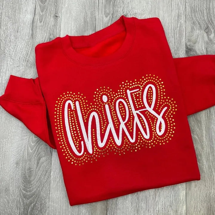 Embroidered and Bling Crewneck School Spirit Sweatshirt Team Mascot T-Shirt