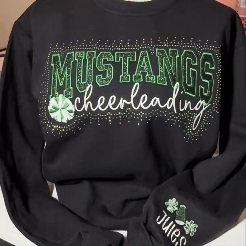 Glitter Embroidered Rhinestones Cheerleading Sweatshirt with Team Name Pullover Cheerleader Crewneck