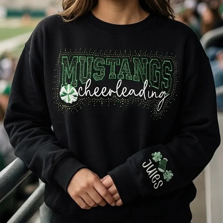 Glitter Embroidered Rhinestones Cheerleading Sweatshirt with Team Name Pullover Cheerleader Crewneck